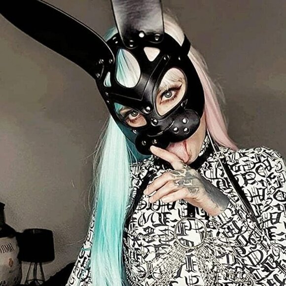 𝅺BLACK Leather Fetish Masquerade Face Mask Slave Bondage BDSM Costume Cosplay - Picture 5 of 5